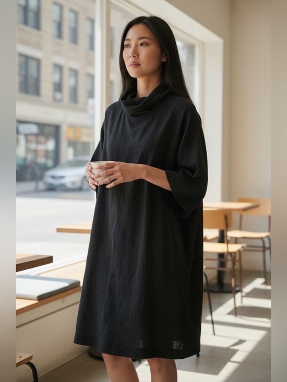 Aiden Lane Black Cowl Neck Dress Deep Pockets S/M